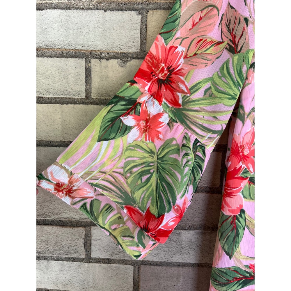 J. Jill Tropical Floral Pink Bell Sleeve V-Neck Tunic Blouse Size Small - Picture 3 of 7